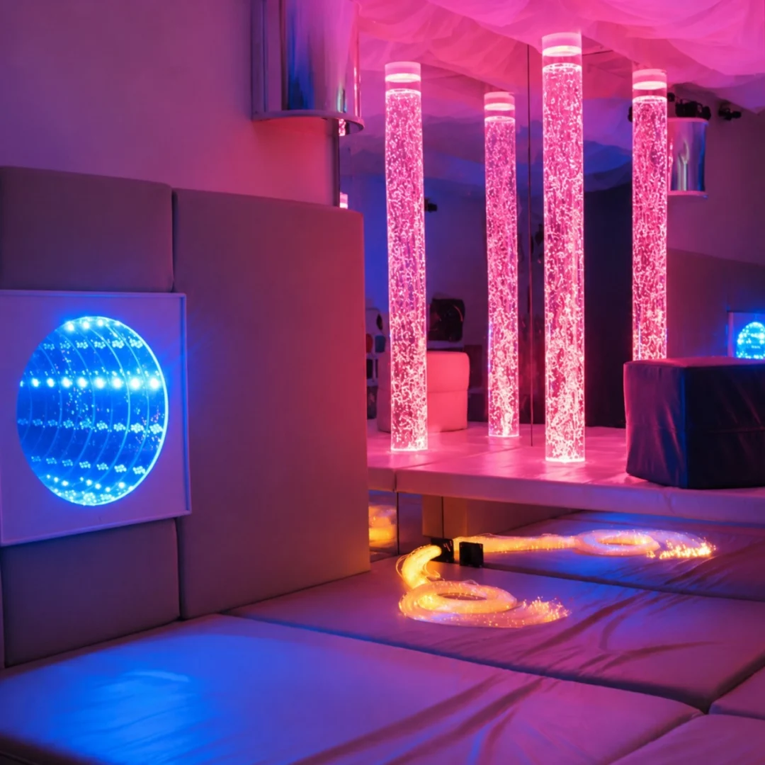 Sensory room with colorful bubble tubes.