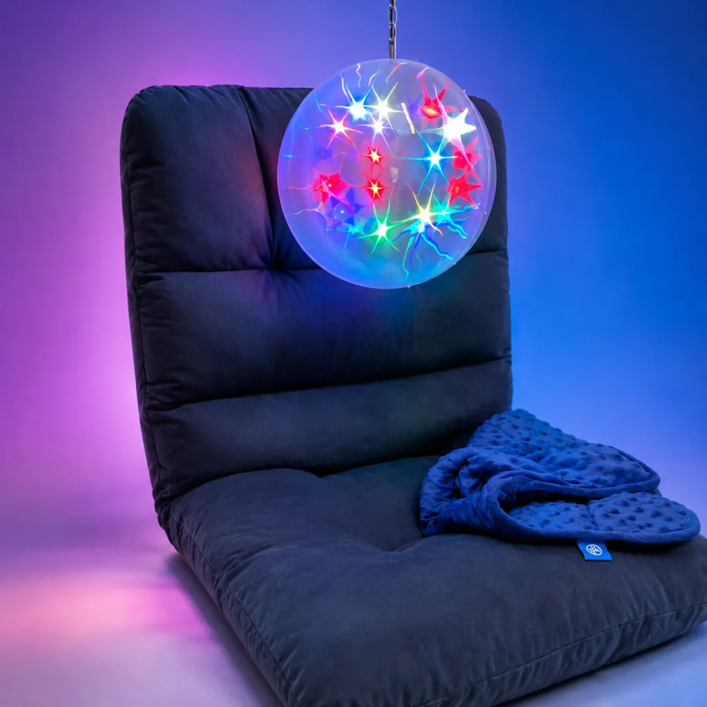 Plush floor chair with colorful hanging orb