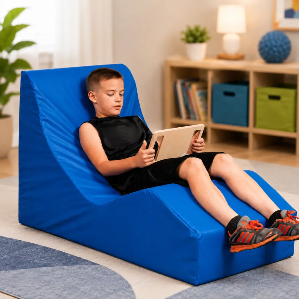 Boy reading tablet on blue lounge chair.