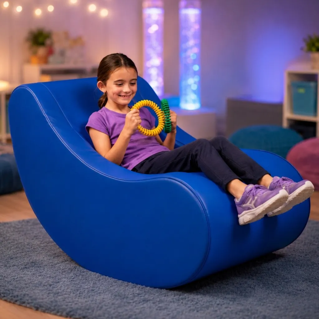 Smiling girl on blue rocker holding sensory rings
