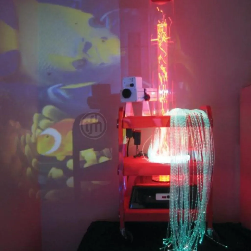 Fiber-optic light cascade on red cart