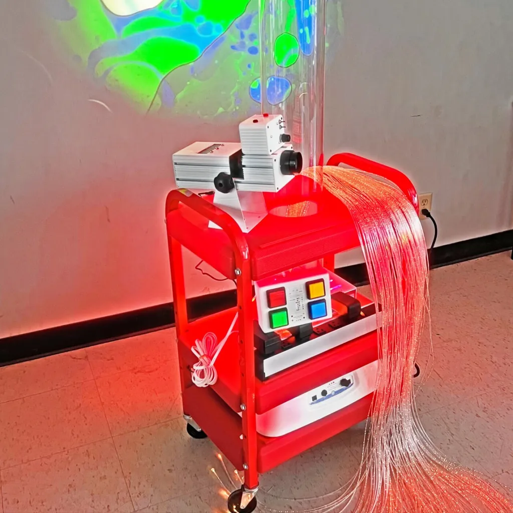 Red cart with bubble tube and fiber optics
