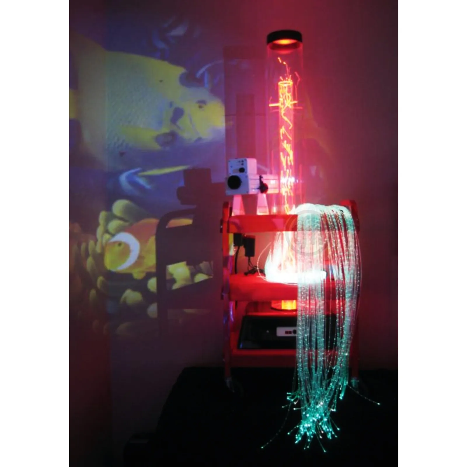 Glowing fiber-optic strands and plasma light projector