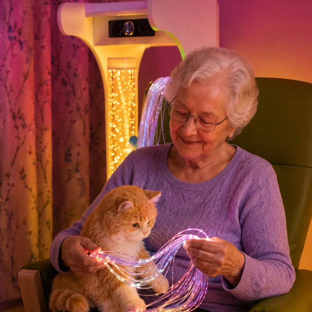 Elderly woman with cat and fiber-optic lights