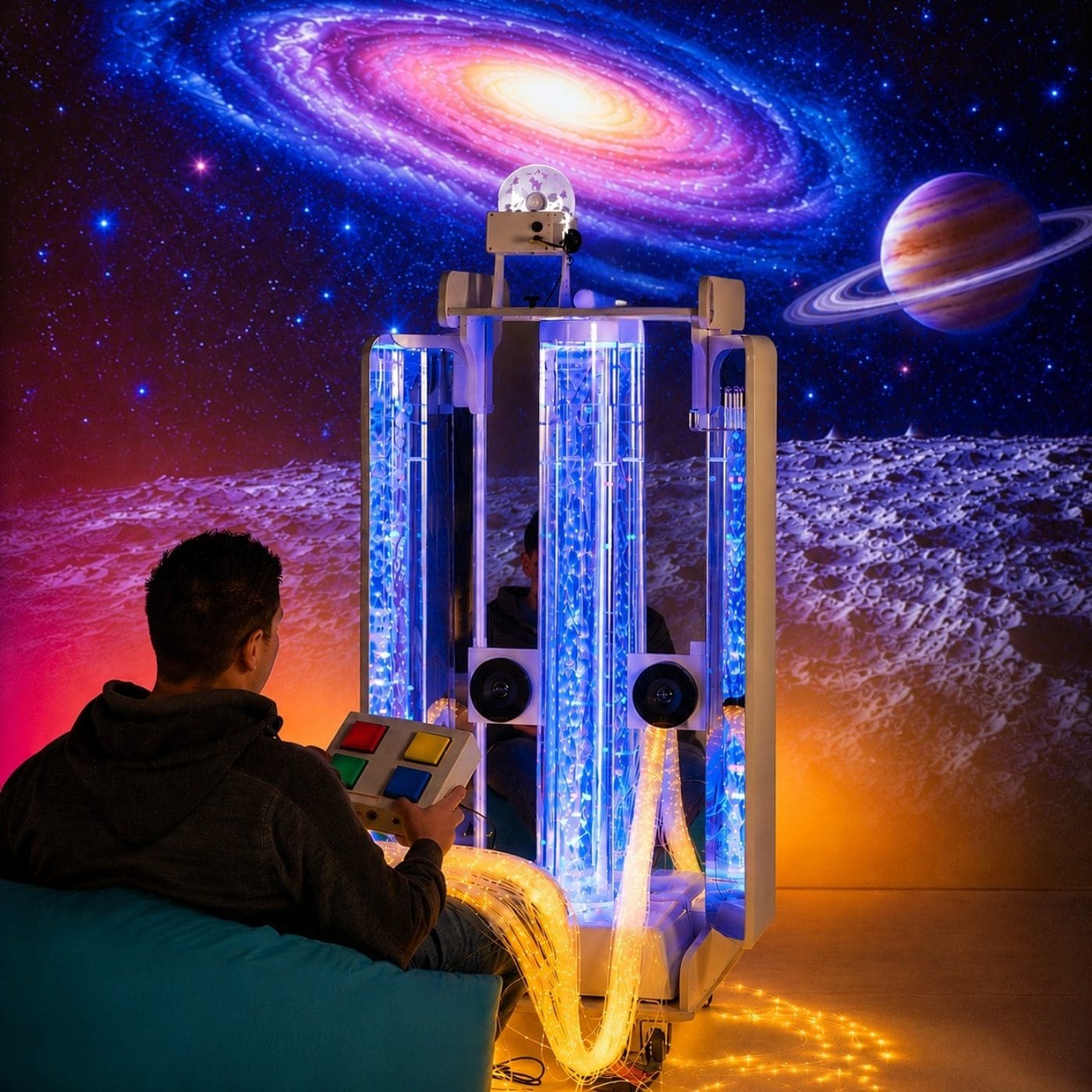 "User interacting with illuminated sensory bubble display"
