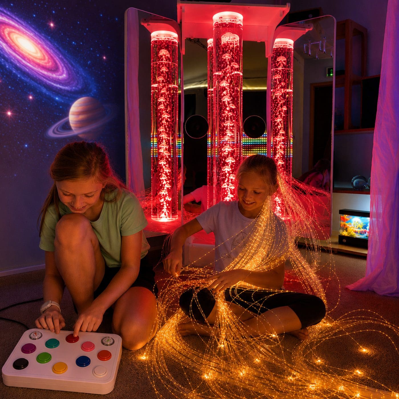 Two children interacting with glowing sensory lights.