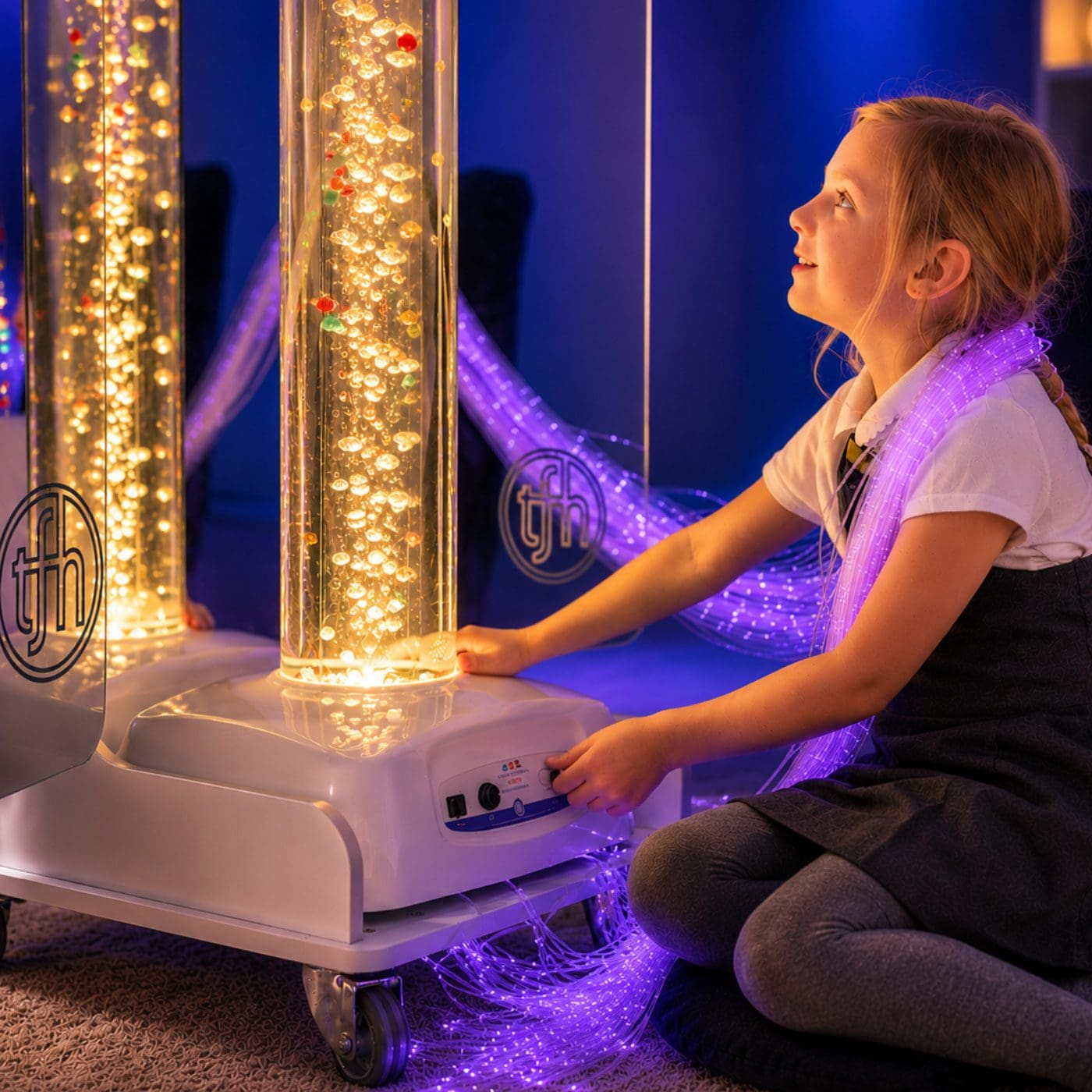 Girl interacting with illuminated sensory bubble columns.