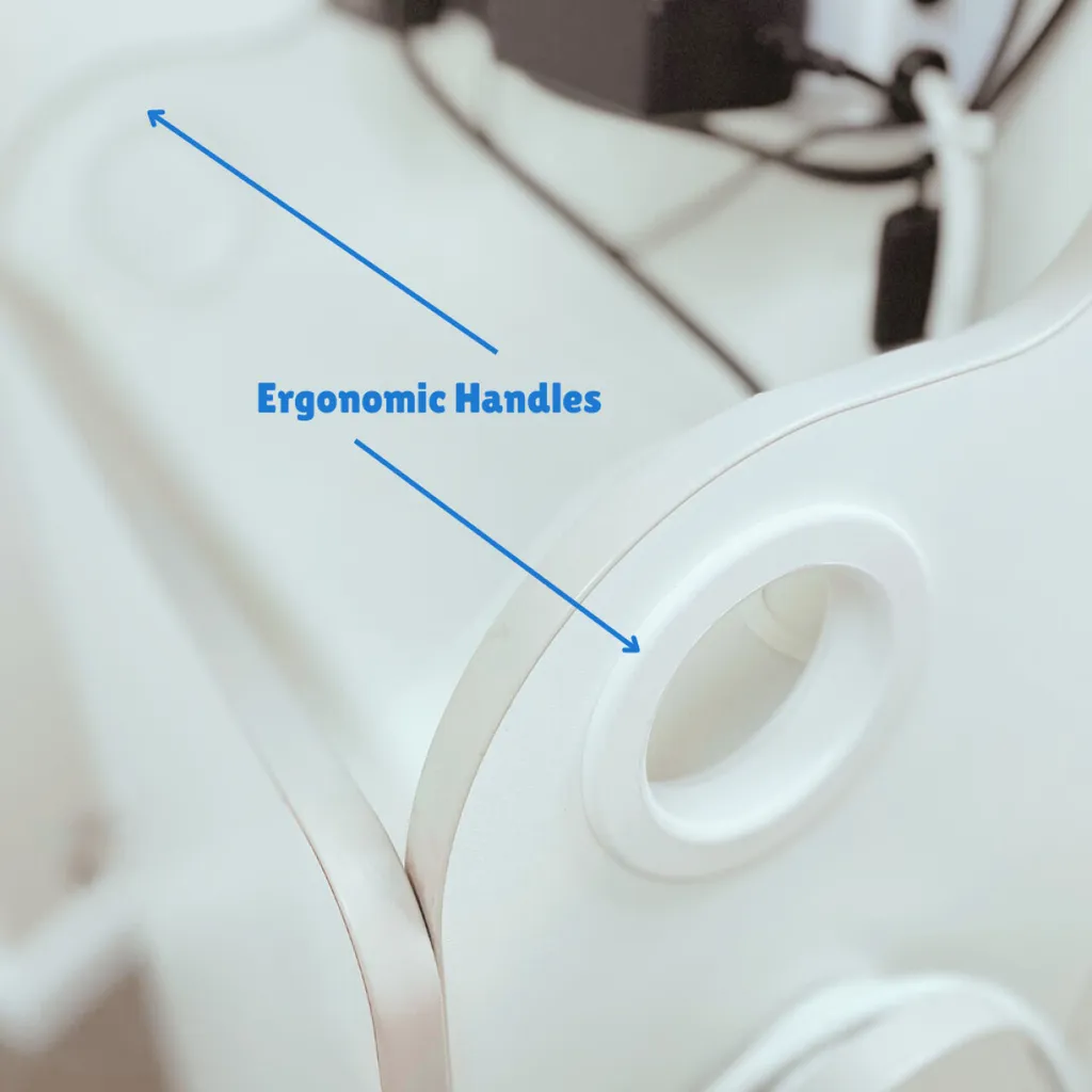 Close-up of ergonomic white plastic handles