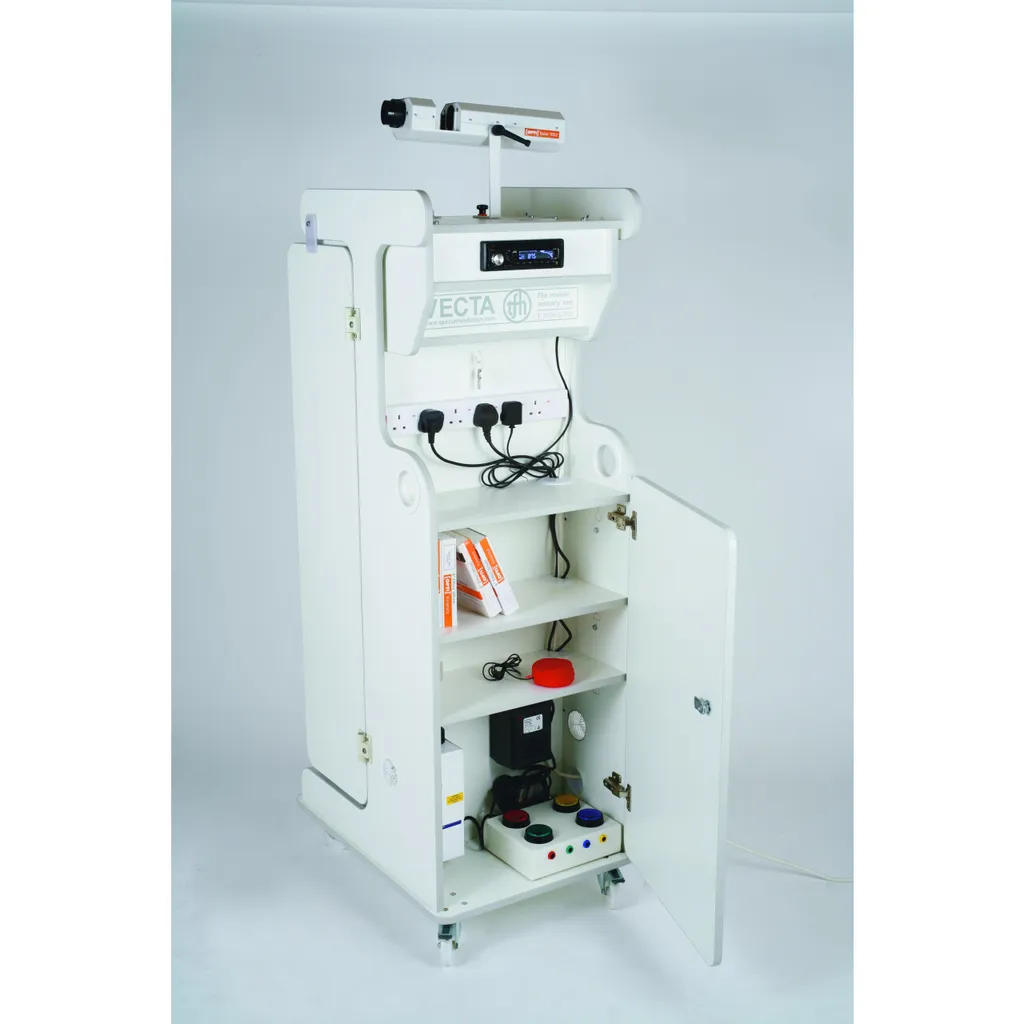 white medical equipment cabinet with open door