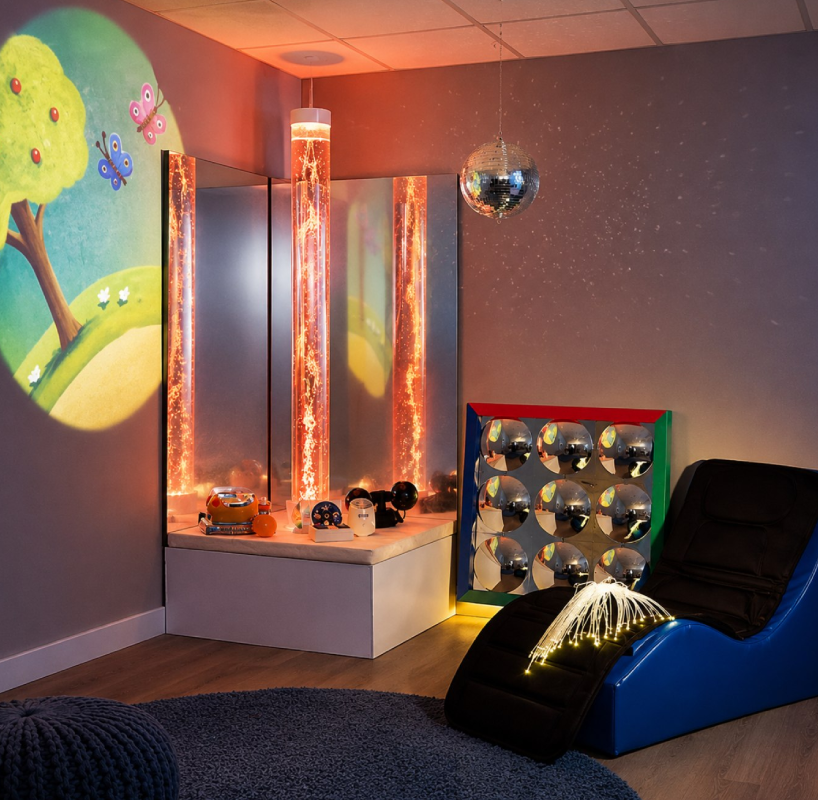 Sensory room with bubble tubes and disco ball