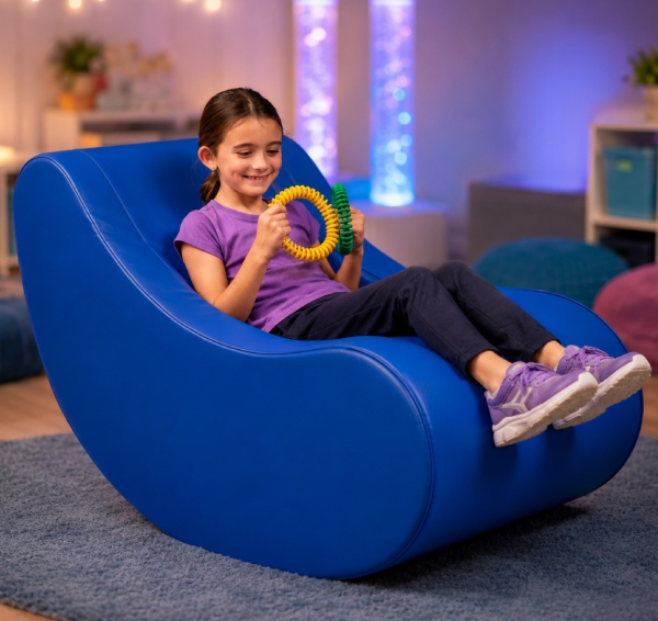 Smiling girl on blue rocker holding sensory rings