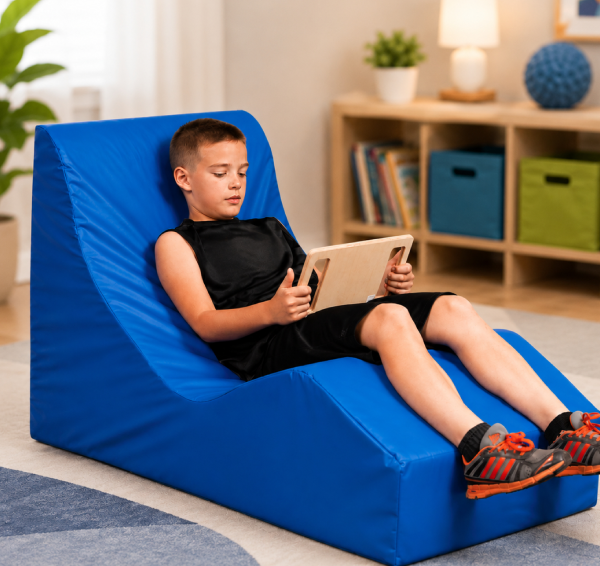 Boy reclining on blue chair using tablet