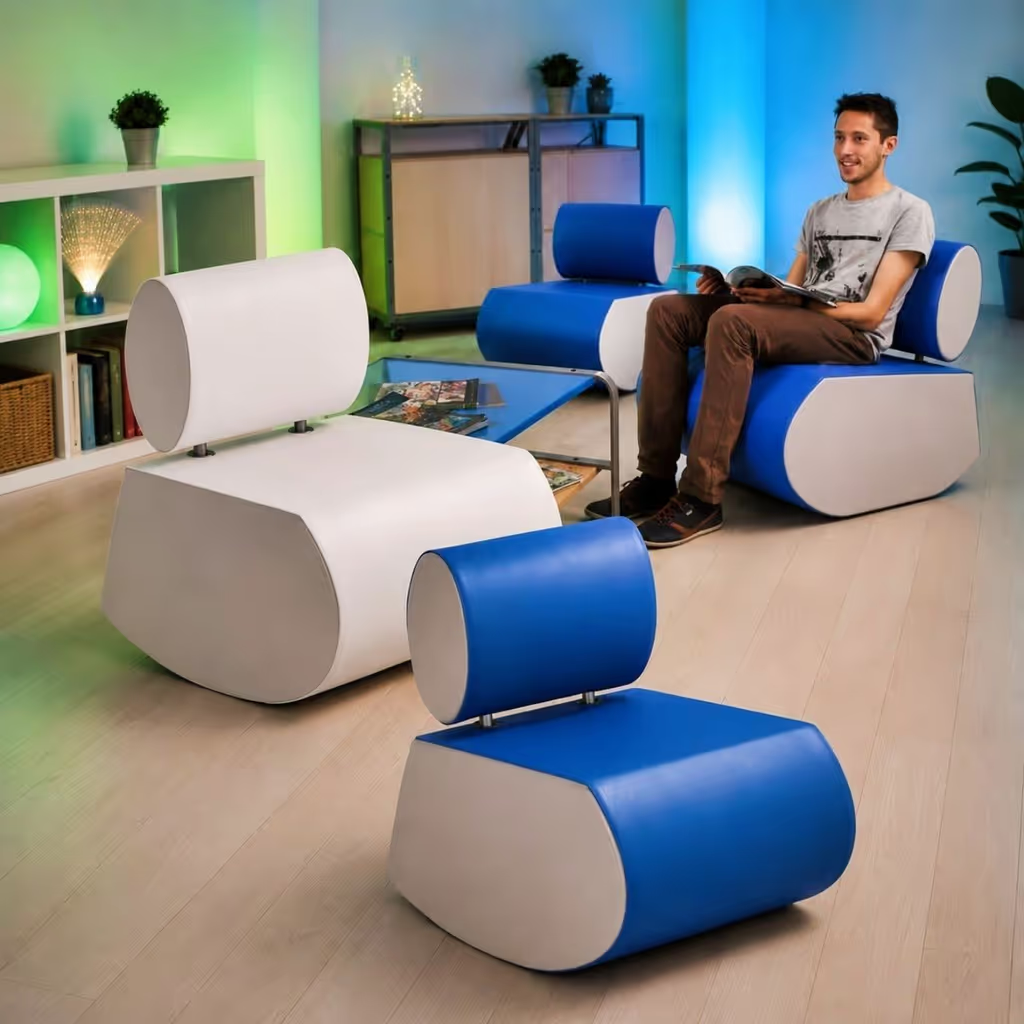 Man reading on blue-white modular lounge chair