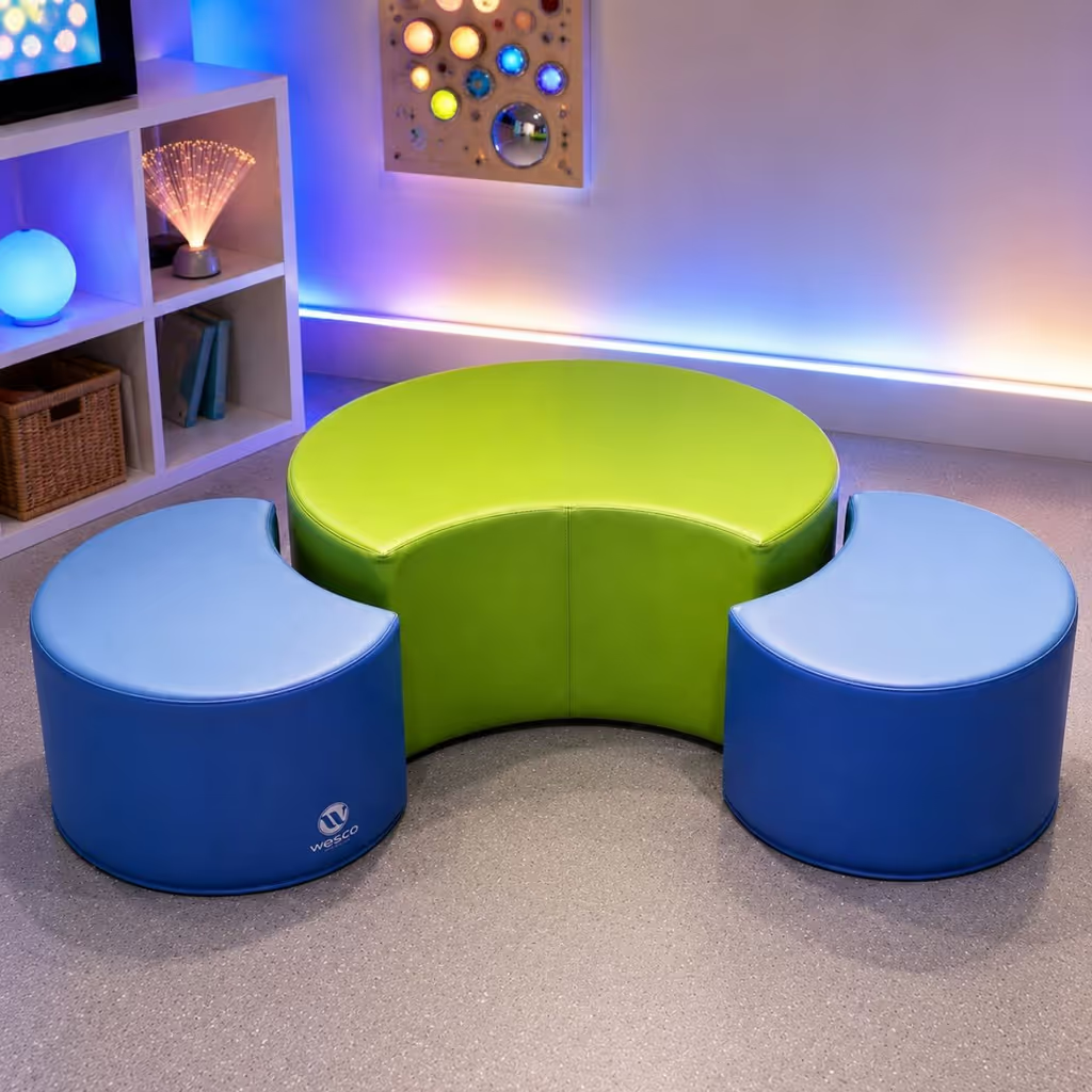 Green crescent seat with two blue stools