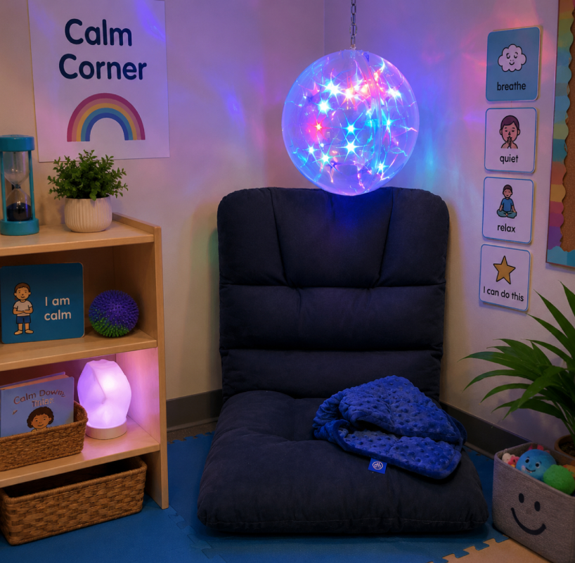 Cozy calm corner with soft chair and lights