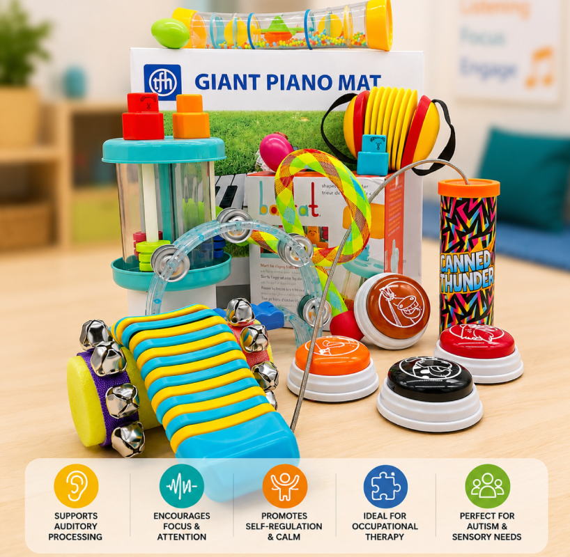 Colorful sensory toys and giant piano mat