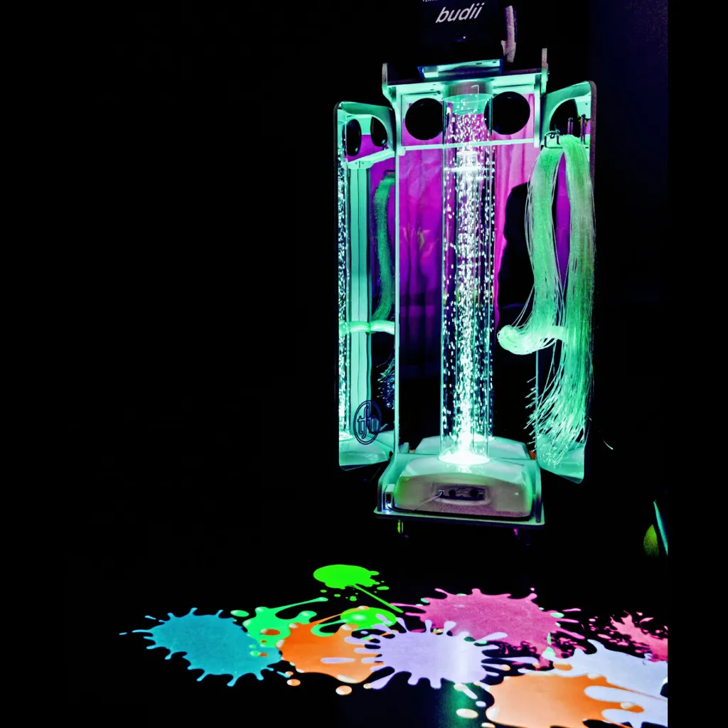 Neon fiber-optic lamp projecting colorful paint splatters