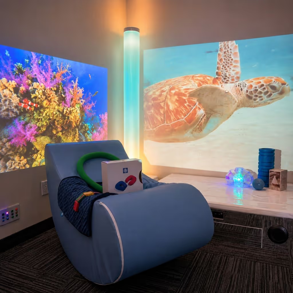 Calming sensory room with sea turtle projection