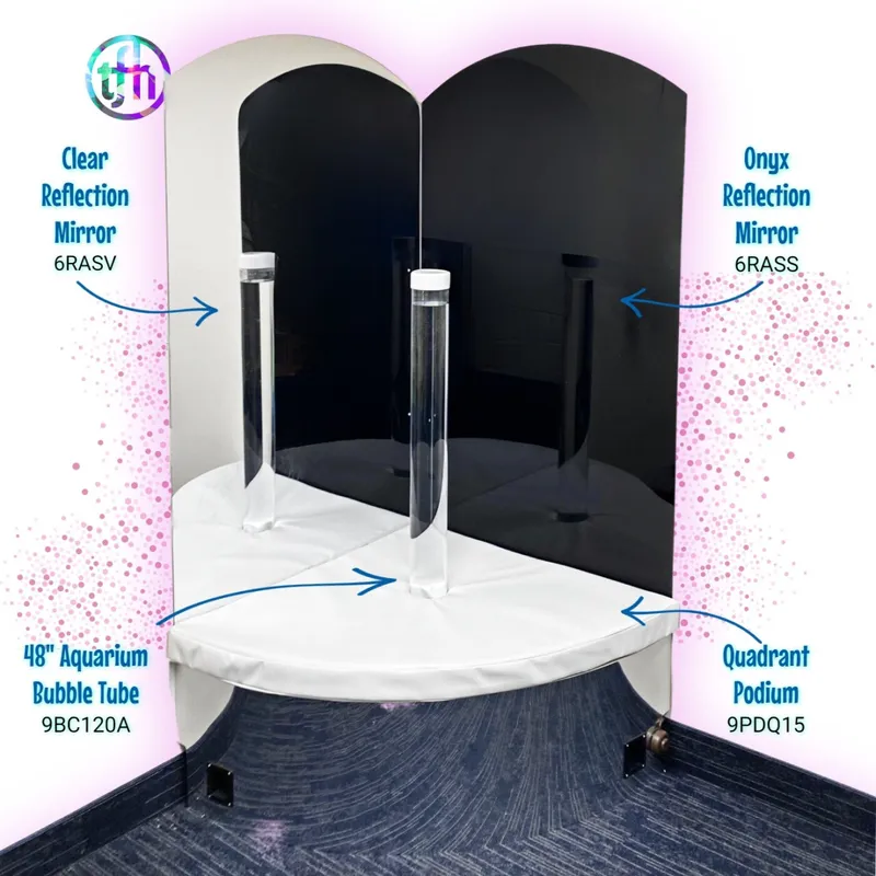 Corner display with mirrored panels and bubble tube