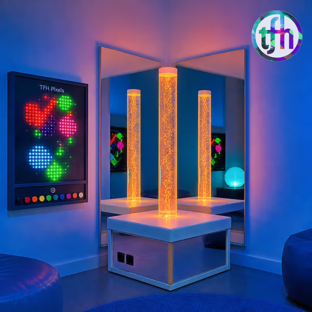 Colorful sensory room with illuminated bubble tube